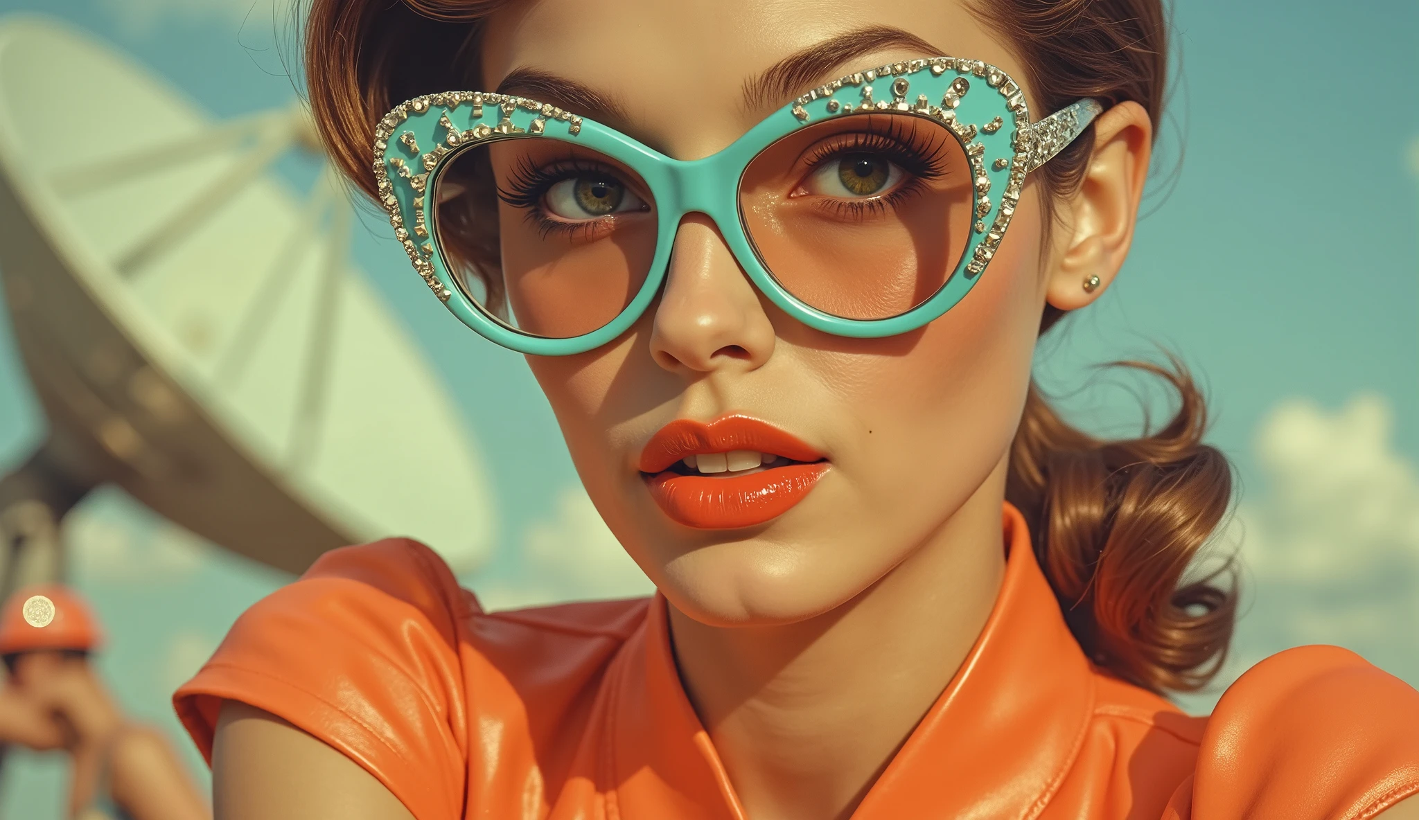 Eye-level close-up of a playful woman with chestnut brown hair in a 1950s side curl. Her lips are glossy coral, and her eyes are wide and expressive. She wears large turquoise cat-eye sunglasses with jewel-studded rims. Her outfit is a shiny pastel-orange top with structured shoulders. Behind her, barely visible in soft focus, is a stylized, retro-futuristic satellite dish. The color palette is warm and fun, with vibrant tones and flat lighting, giving a high-fashion editorial feel.