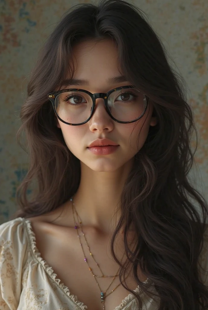 (best quality:1.4),masterpiece,ultra-detailed,delicate features,delicate skin,realism,beautiful lighting,cowboy shot,1girl,black hair ,blues eyes ,tareme,long hair,gleaming skin,glasses, oversized shirt