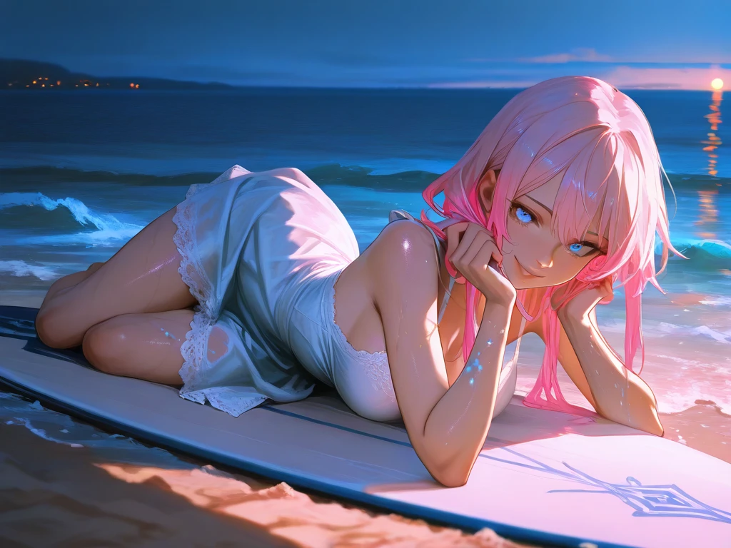 ((Masterpiece, Highest quality)), Detailed face, Beautiful face, full bodyesbian, nude, Full of details, Highly detailed, Depth, Beautiful girl with pink hair,with hair dishevelled,long pink hair,Sick,White pupils,The legs are very thin,The legs are long, blue eyelashes, swimsuit,yellow swimsuit, bikini, seaside, beach, twilight, Tall and tall,Thin, 8k, ultrarealistik, oficial art,