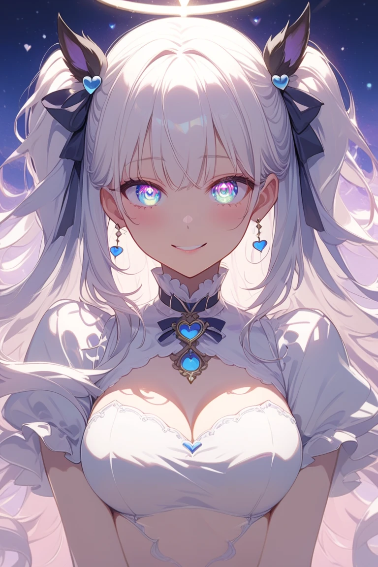 monochrome, no color, portrait, face focus, best quality, super fine, 16k, incredibly absurdres, extremely detailed, cute white wolf beast girl, big ears, big round eyes, smile, shy, wearing cute frilly dress with white frills, background simple
