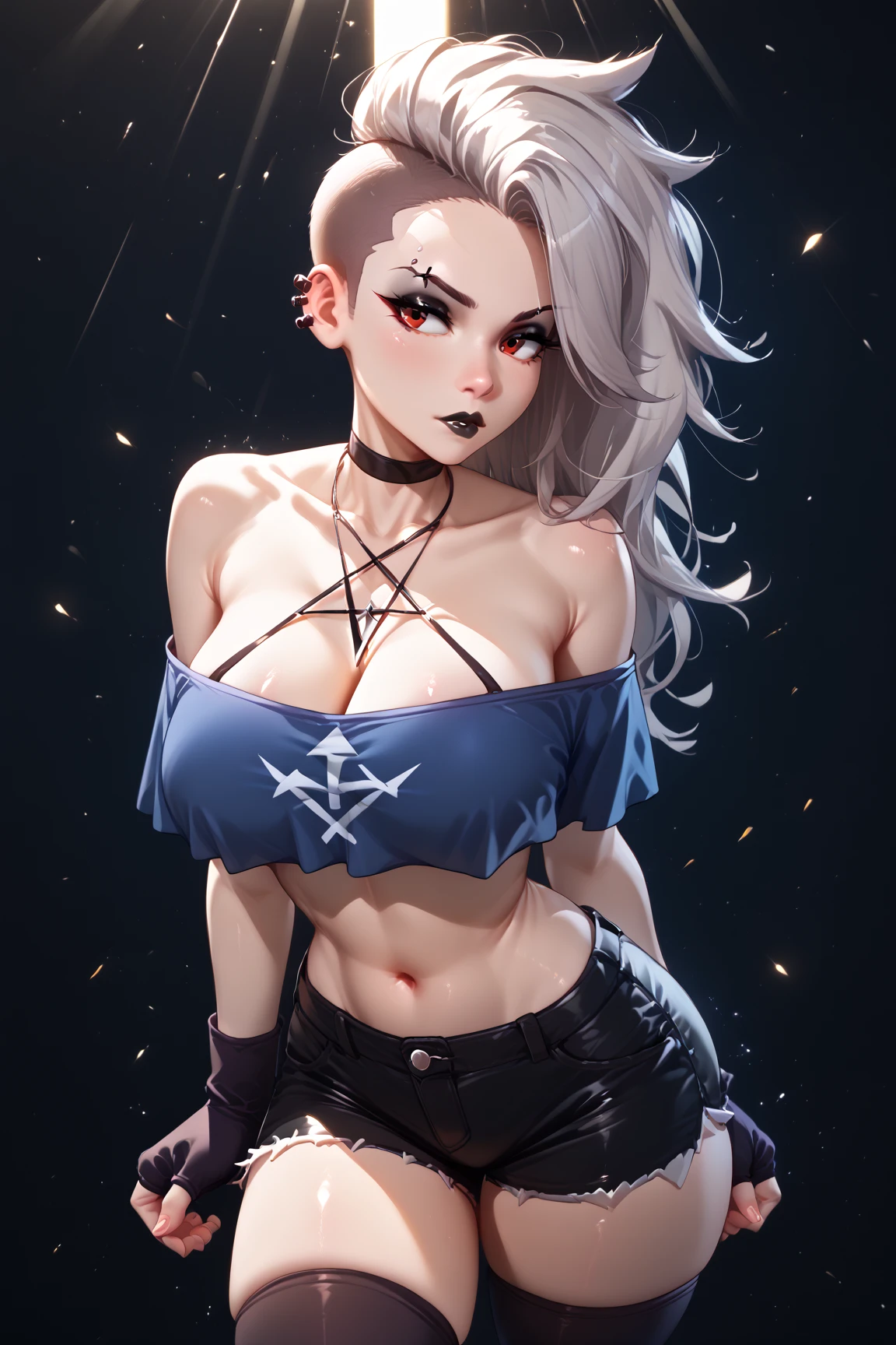 Model: wolf ears, Cat's ears, rose hair, long wavy hair, full dark red lips, Smoky coveted eyes, pretty, impassioned, Gentle. erotic pose, suntan, Chocolate body, mother-of-pearl body, tanned skin of the body, pretty, impassioned, Gentle, erotic pose, Languid look, sexy body, BREAK, the night, black room black light, azur, Pink Crystals, rot, blau, purple color, BREAK, bodypaint: Polychromatic geometric patterns, Heart, Arms and legs, BREAK, Accessories: Chrome-plated chains with torn body, Silver Choker, black feathered white black wings, Naked, Topless, naked body,BREAK, the pose: The head is tilted upwards, looking forward. wolf ears,Cat's ears, Wolf.up close