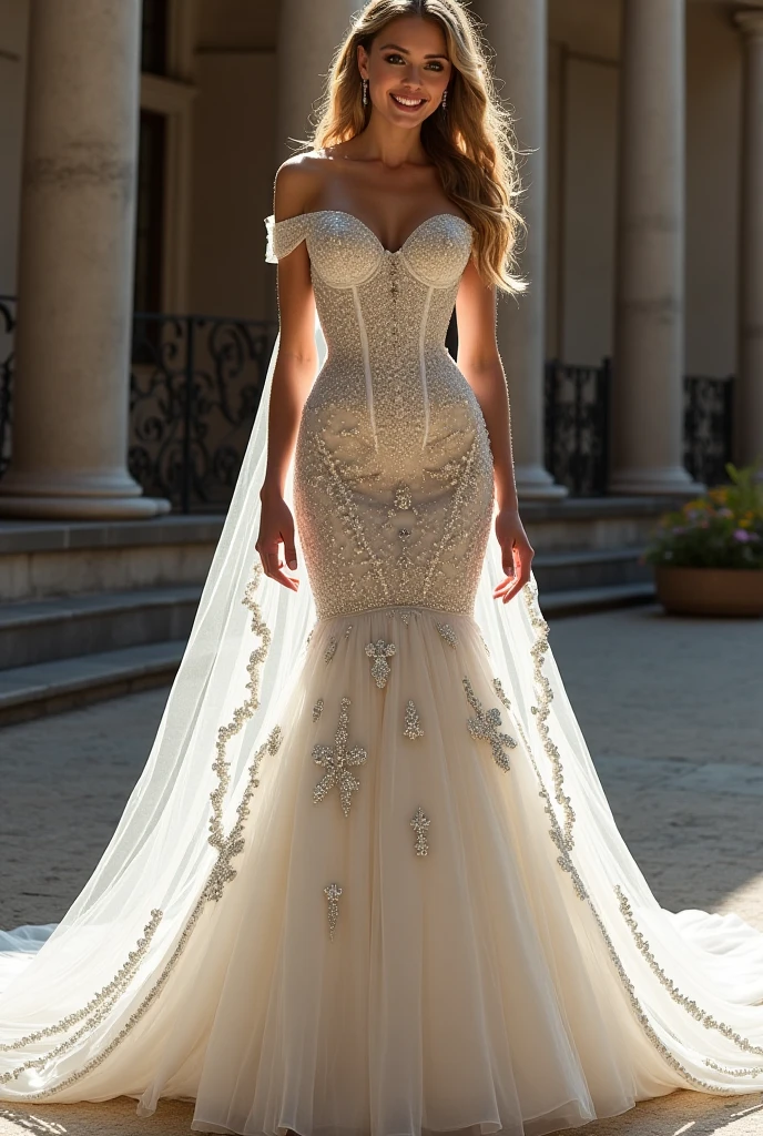 full body, full shot,photorealism, in detail and in detail an extremely beautiful slender sexy bride in a cream wedding dress with intricate lace patterns and a beautiful long veil with intricate patterns stands in partial shade among the columns of a beautiful building. on the face and body, the bride holds the wedding dress with her hands, the pose is beautiful sexy C-shaped stilettos of cream color with intricate patterns, the bride's face is European, perfectly beautiful proportions are neat facial features, the eyes are bright green-blue eyelashes are long and fluffy, the bride's physique is slender and graceful, her legs are graceful and longer than the body in proportion, graceful hands in precious jewelry, on the head of the bride there is a wedding tiara with beautiful diamonds, natural detailed skin, pore skin, skin natural shine, skin color is perfect, cheeks are slightly ruddy, wavy long blond hair to the knees is beautifully flowing in detail and in detail , lighting side daylight soft, hyper detail, sharp focus, photorealism, naturalistic, Jerry Gionis style