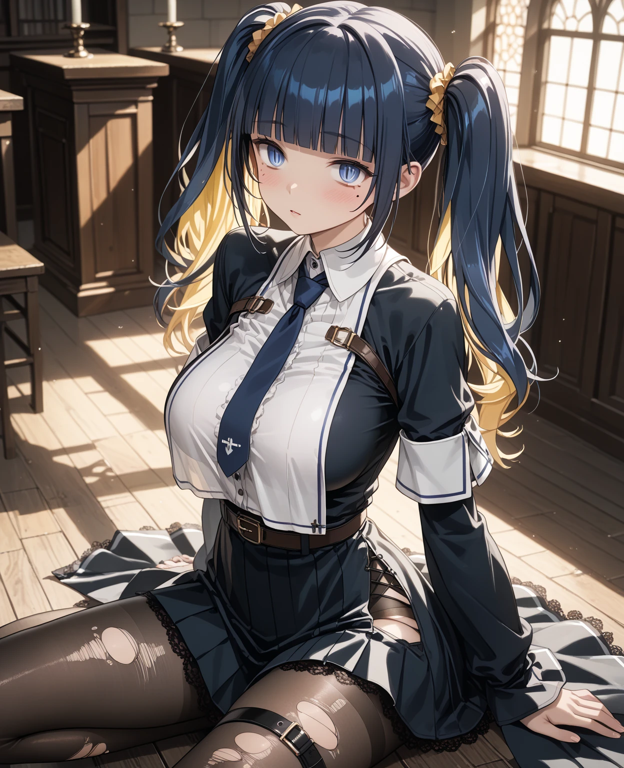best quality, ultra high res, (photorealistic:1.4), 1girl, button shirt, black skirt, (hime cut:1.4),long hair,(blue hair:1.4),
embroidery breastplate ,metal accent cape,thighhighs, dark brown hair, breasts, (blonde hair:1.2), looking at viewer, (highly detailed face:1.1),, (PureErosFace_V1:0.8),tiktok,