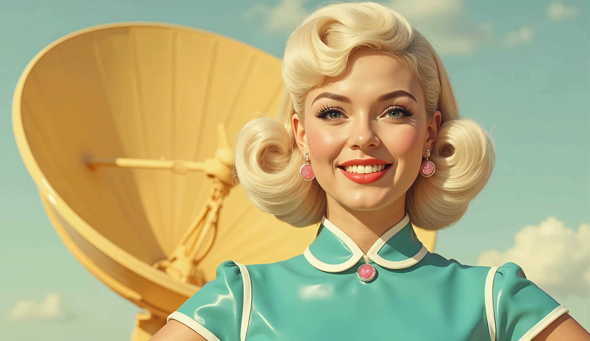 Portrait of a smiling woman in a latex turquoise dress with white stripes along the collar and sleeves. Her platinum hair is styled in a 50s pageboy cut with perfect volume. She wears heart-shaped pink earrings. Behind her, a yellow stylized satellite dish leans dramatically. The color palette is pastel-bright, the composition balanced and joyful, evoking a glossy retro-futuristic poster.

