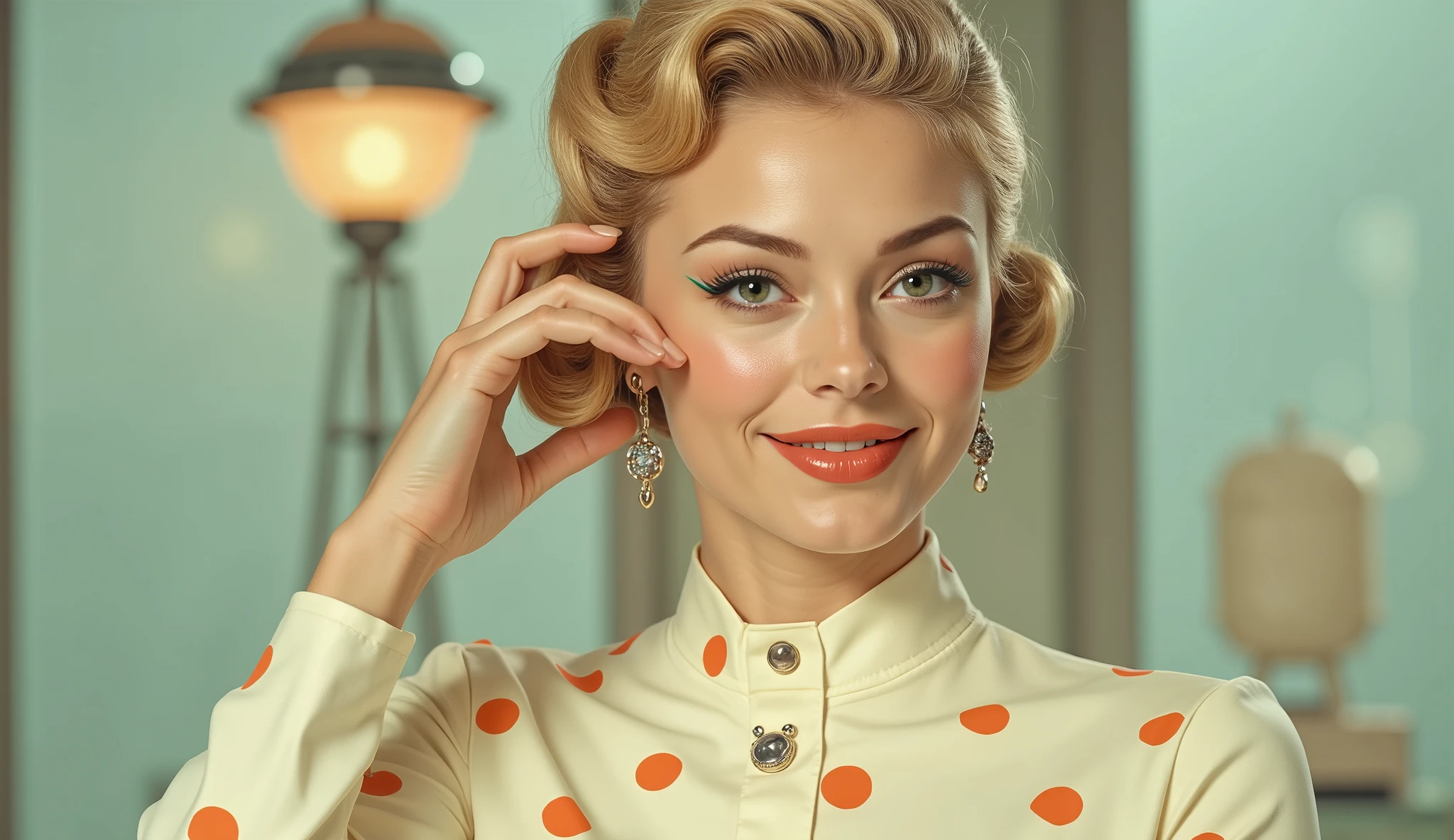 Close-up portrait of a woman in her 20s with strawberry blonde hair pinned into a smooth French twist. She wears a high-gloss cream-colored bodysuit with bright orange polka dots and a small chrome badge on her chest. Her makeup is neat — teal eyeliner, coral lips, lightly rouged cheeks. She looks directly into the camera with a soft smile. Behind her, a stylized antenna tower with a bubble dome glows faintly. The color palette is gentle: creamsicle, mint, soft gray. Lighting is clean, almost surgical in precision, emphasizing form and gloss.