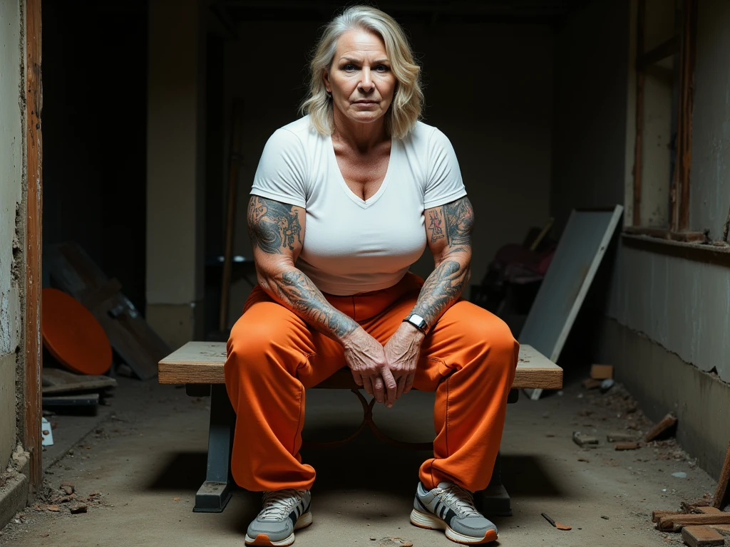 With a scar on her face that extends from her lip to her eyebrow running down her cheek, there is a woman ((strong muscular)) big arms slim big strong full bodied defined with long white hair and dark brown eyes is wearing an orange prison shirt, sitting on a cement bench in a prison cell alone with a defiant look.