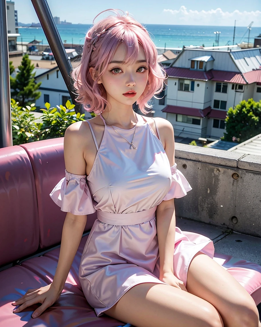 masterpiece, 最high quality, 18 year old girl,Pink Hair ,short hair,alone, ,Facing forward,Looking forward,smile,Smile,high quality,White Mini Dress