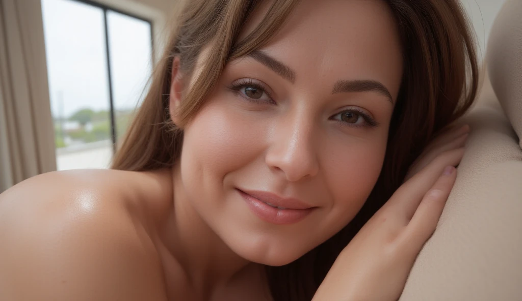 18 year old, naked, nude, bedroom, slim, looking at camera, bedroom, small boobs, bed, photorealistic, realistic, European, English, blue eyes, nighttime, night, night time, mouth closed, looking at camera, looking into camera, light on body, seductive, blonde, thin, straight hair, laid on back, laid on bed, smiling, happy, dimples, small nipples, flat chest, camera looking down, Birds Eye view, bob, brunette, fringe, dark hair