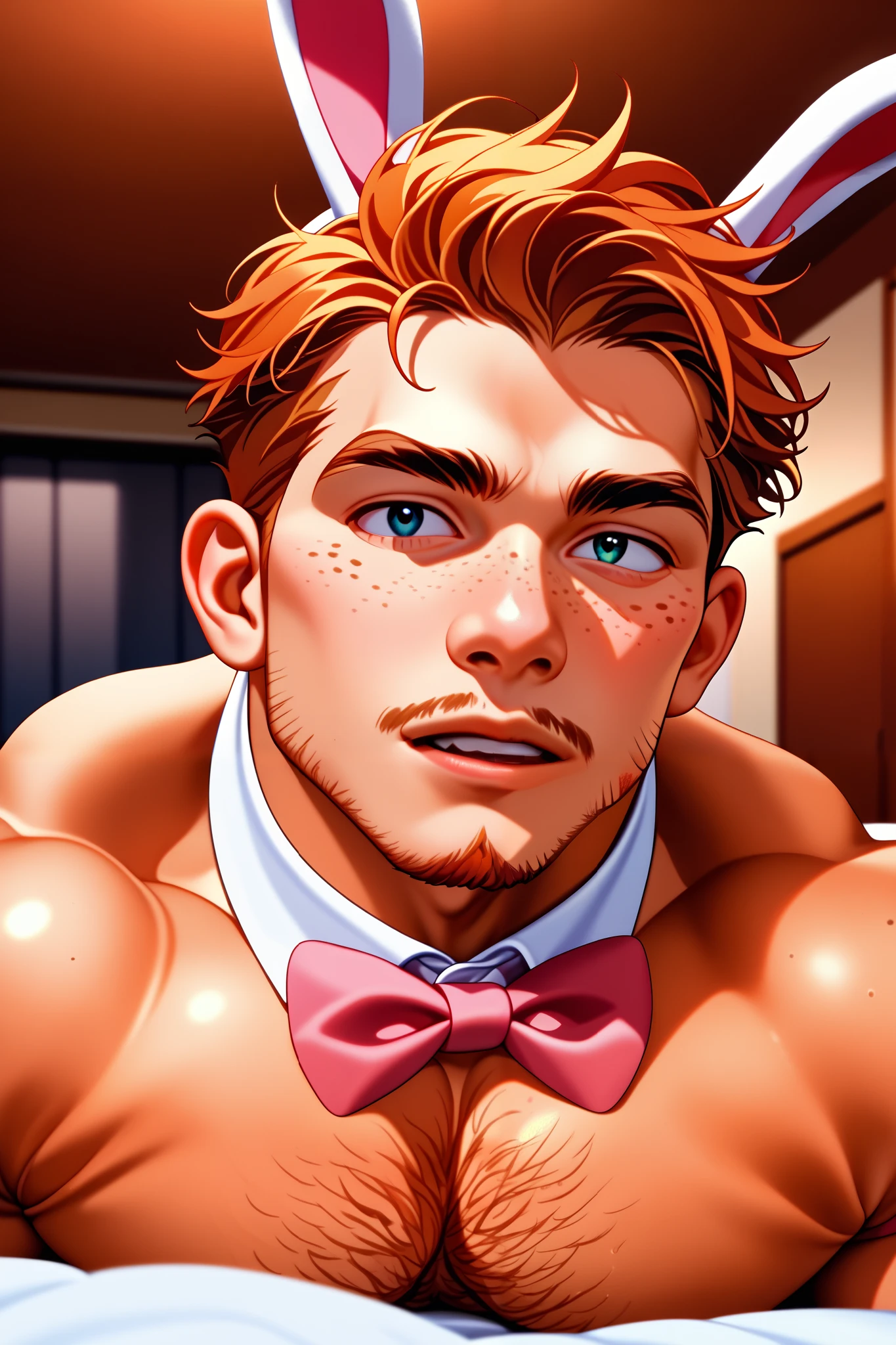 A Muscular masculine hunk, old man, pale skin man, man with very short ginger hair, freckled face man, freckled shoulders man, ginger really short stubble beard, man wearing a really tight white leotard bunny suit, man with bunny ear's of the hair color, white collar with a pink bow tie, white cuffs, white nylon thigh highs, only man, only male, bedroom, seductive pose, showing body