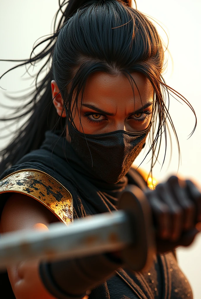 (GTA art, gtav style:1.2), (Motion Blur), (best composition), (Movie Still, Film Still, Cinematic, Cinematic Shot, Cinematic Lighting:1.3), Up close photo of a dangerous ninja mysterious, serious expression, long black ponytail, tight bodysuit, (luminous golden eyes:1.2), ((best quality)), intricate detailing, luminous back lighting, medium shot, 8k, Front-light, (night time), (rain:1.2), highly detailed skin, blood splatters, blood drops washing away in the rain, enhance, intricate, (best quality, masterpiece, Representative work, official art, Professional, unity 8k wallpaper:1.3), Taliana