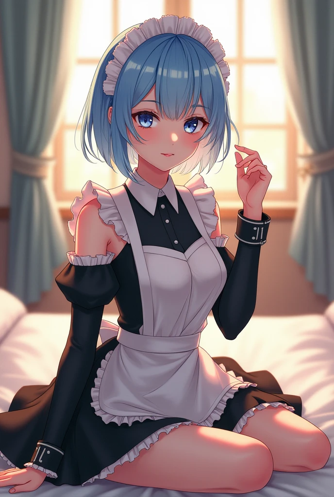 poster, text, cover, ((poster cover)), ((magazine cover)), masterpiece, superlative, Spring dress, Colored hair, magazine cover, Upper Body, 1 girl, maid outfit, Light blue short hair, Black suit, maid outfit, floor, Off-shoulder, blue eyes, Hairpin, whole body, sitting on floor, ((Right bangs comb))), window, Sunlight, (Symmetrical eyes) magazine cover, Upper Body