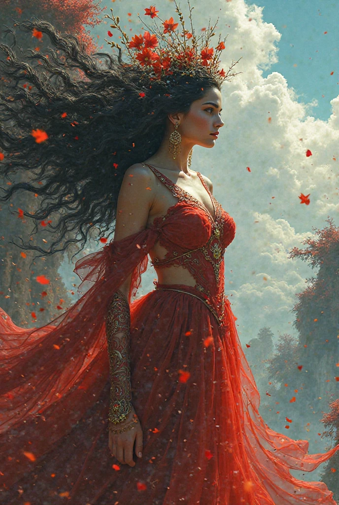 Symmetrical art, full body, phoenix, vortex,
masterpiece, best quality, 8k wallpaper,cloud,The time of sunrise is coming, The east of the sky has been a touch of red,heralding the coming dawn, At this point, bright gem, clouds,
The whole mountain shines with golden light, As if in a fairyland, intoxicating beauty, Chinese ink painting, 2D conceptual design, cloud, 1girl, nail_polish, phoenix eye, jewelry, necklace, black_hair, closed_eyes, solo, dress, holding_flower,black_hairancient art, chinese.