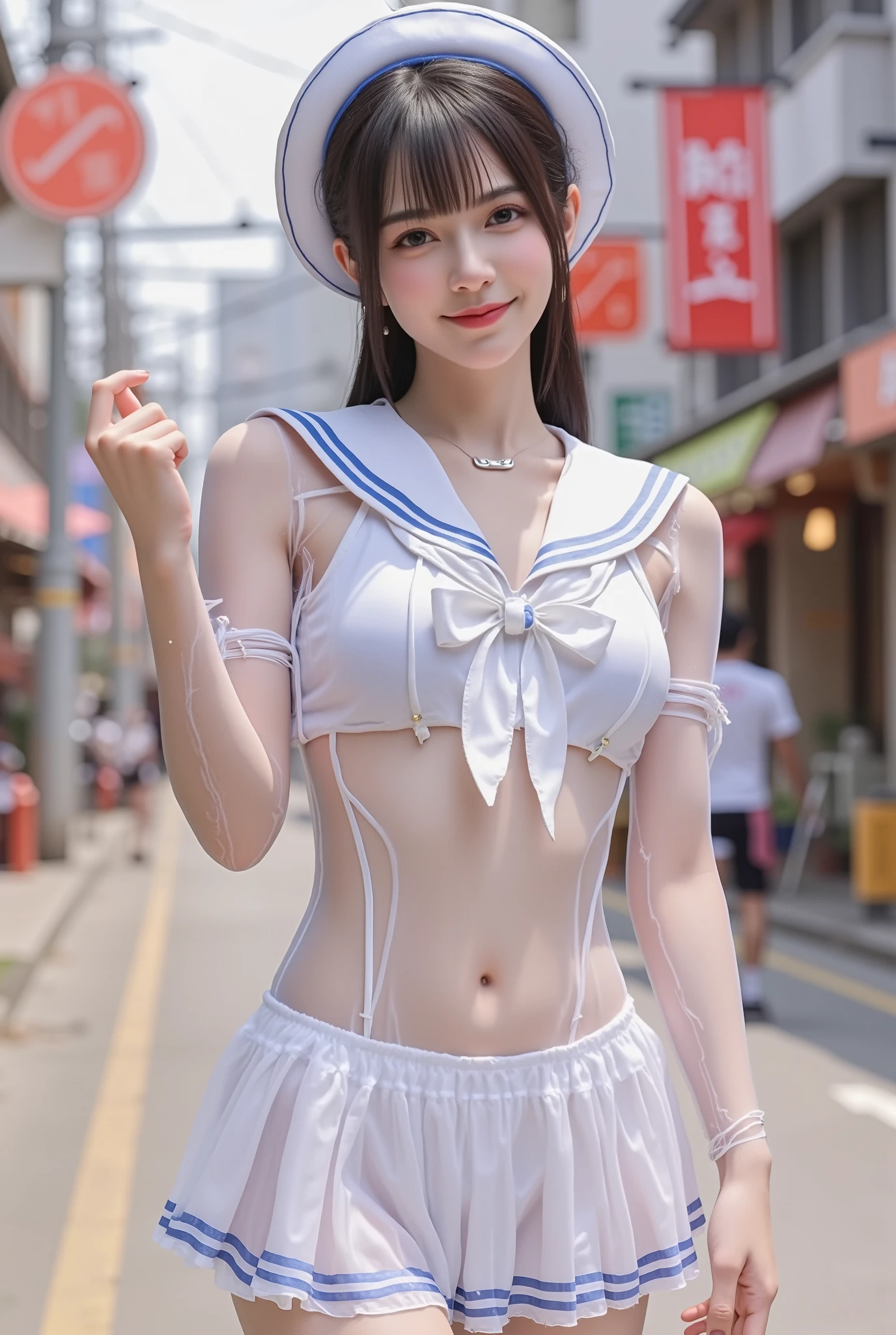 ulzzang -6500-v1.1, (Raw photo:1.2), (Photorealsitic), (See-through:1.3),white serafuku,sailor dress, game_nffsw, White theme,School uniform, Sailor Suit, Looking at Viewer, Maniacal, messy long hair, Beautiful detailed eyes,Hair glows,Dramatic Angle,blue sailor collar, perky breast,lightsmile, Ultra-realistic skin texture, shinny skin, Exposed thighs!!! partially underwater shots...