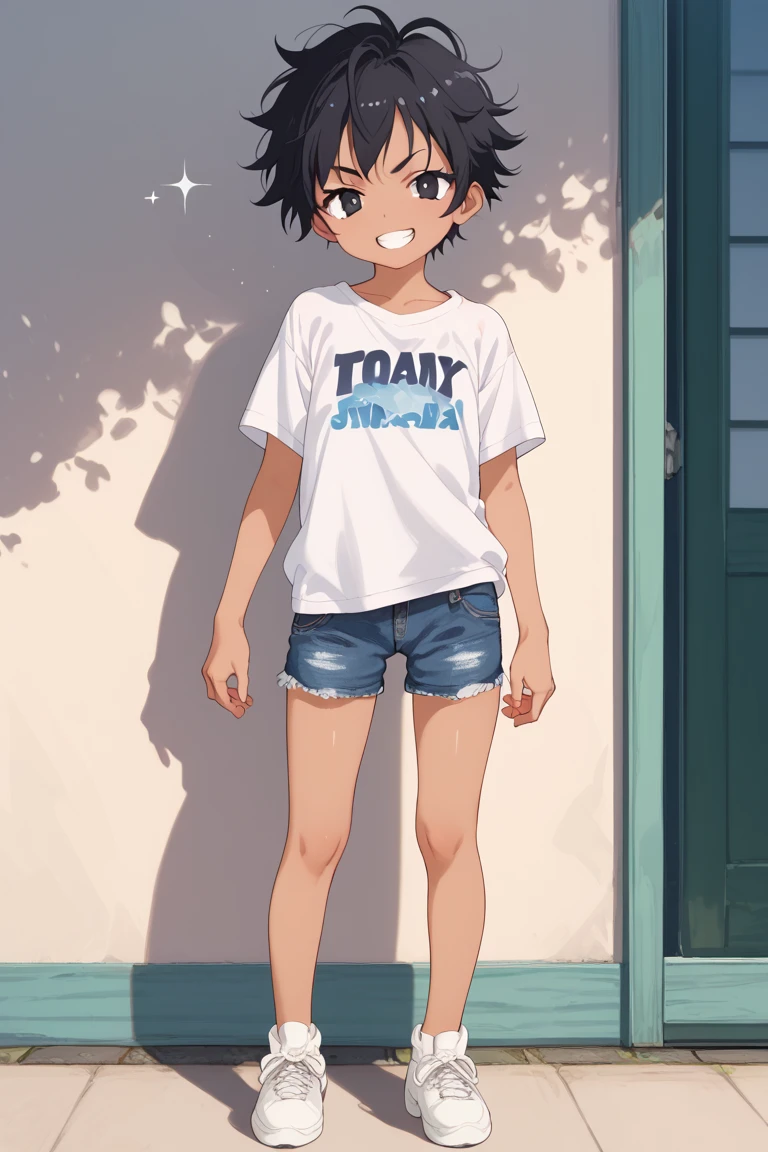 高品質,((megami magazine,anime style)),high resolution,a girl,tomboy,messy hair,cool eyes, tsurime,very short hair,black hair,black eyes,bushy eyebrows,evil grin,white Plain T-shirt,flat chest,denim short pants,white sneaker,(full body),正面,standing,完全な一色背景,緑色の背景,tan,sparkle eyes, 
