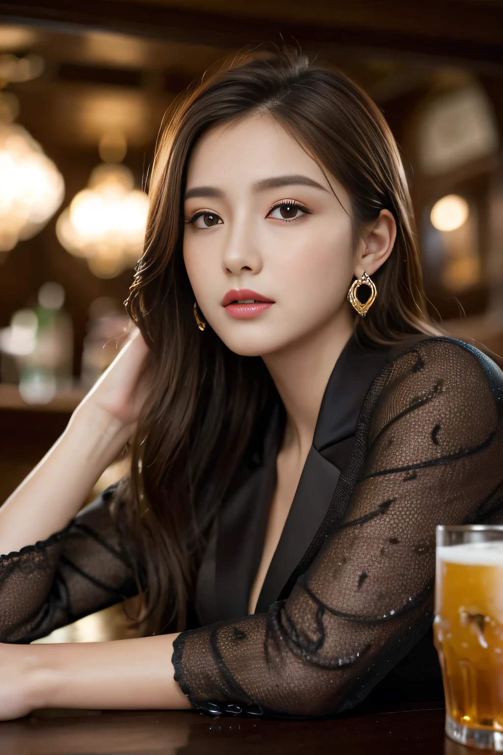 masterpiece, Highest quality, Realistic, Very detailed, Finer details, High resolution, 8k wallpaper, One beautiful woman, Wear an elegant silk shirt, In a great restaurant, At night, Light brown messy hair, Perfect dynamic composition, Beautiful and beautiful eyes、Big earrings、chest、Sleeveless shirt、