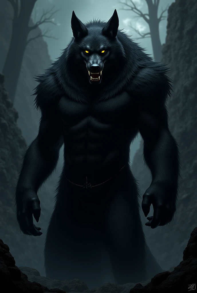 (((work of art))), better quality, detailed CG illustration, dark background, mystical and mysterious figure of a creature that appears to be half werewolf and half minotaur, with horns, dark hair, burning eyes, fierce and intimidating expression, soft and shaded tones.
