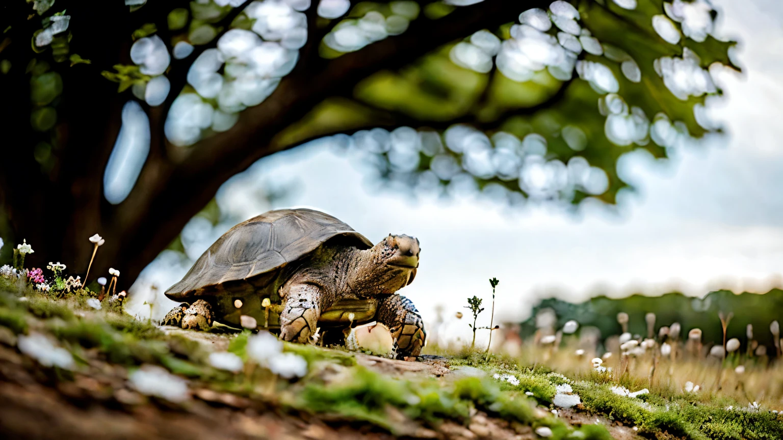 A realistic tortoise calmly eating clover in the shade of a tree. The tortoise is small, with a dark brown shell and wrinkled legs. The setting is a sunlit grassy field, with scattered wildflowers and a large oak tree casting natural shadow. Shot with a DSLR camera, 35mm lens, shallow contrast, no blur, all elements in focus, photorealistic, cinematic lighting.
