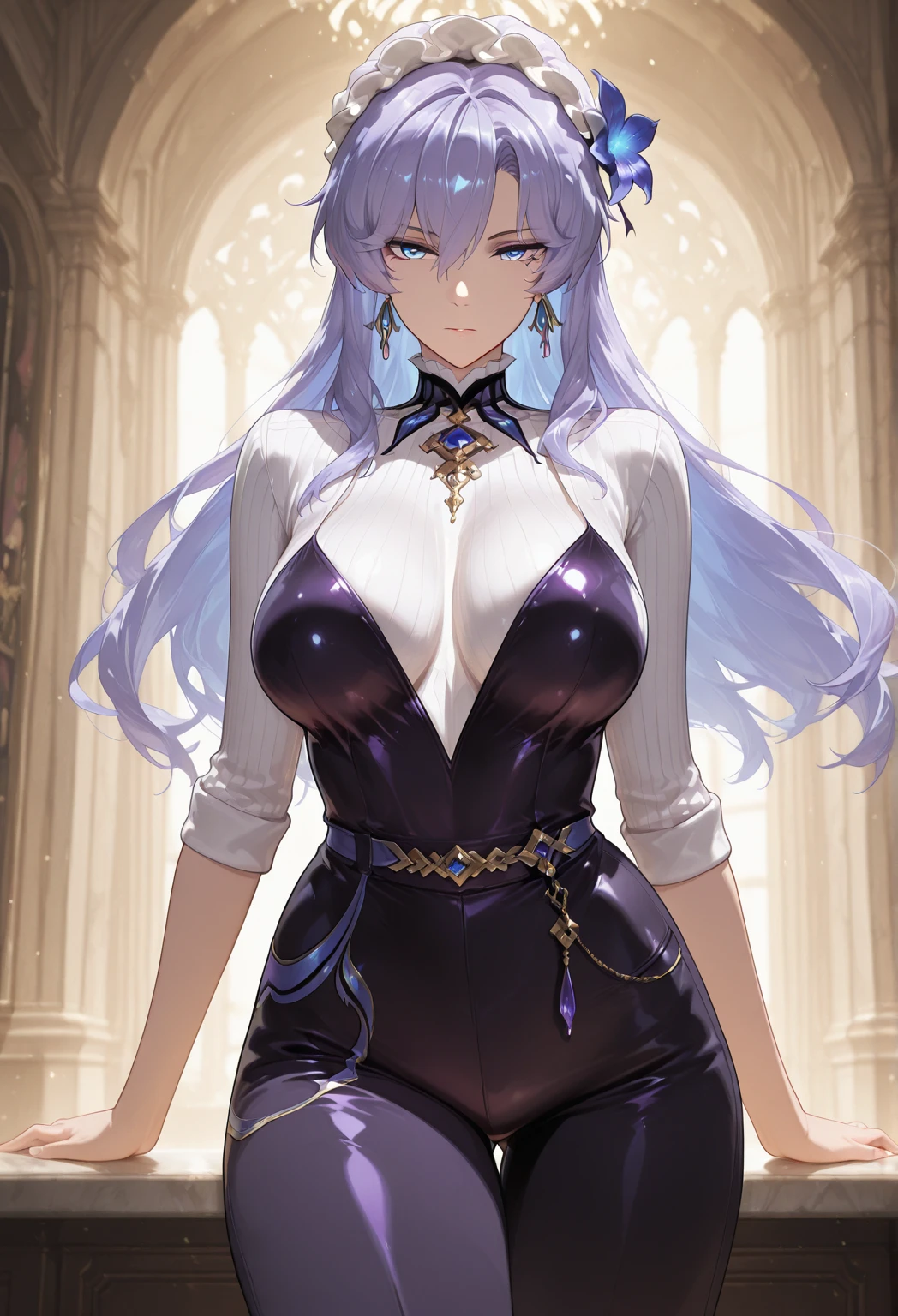 milf, 30 years old, (highres, masterpiece:1.2), (blue dress, purple dress), white hair, robe, (large breasts), thick thighs, standing, pelvic curtain, tiara, thighhighs, v-neck, strapless dress, blue eyes, expressionless, long hair, (layered dress, elaborate clothing, detailed clothing, detailed dress), castle in background, blue dress, cape, smile