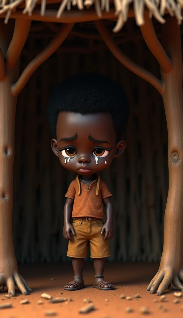 a 7 african boy with heavy big lower lips, detailed lower lips, round nose, curly black Afro hair, amber eyes, black skin,Wear a leopard outfit, Kneeling, scared expression, gritting teeth, sweating, In a cage,in a zoo setting
