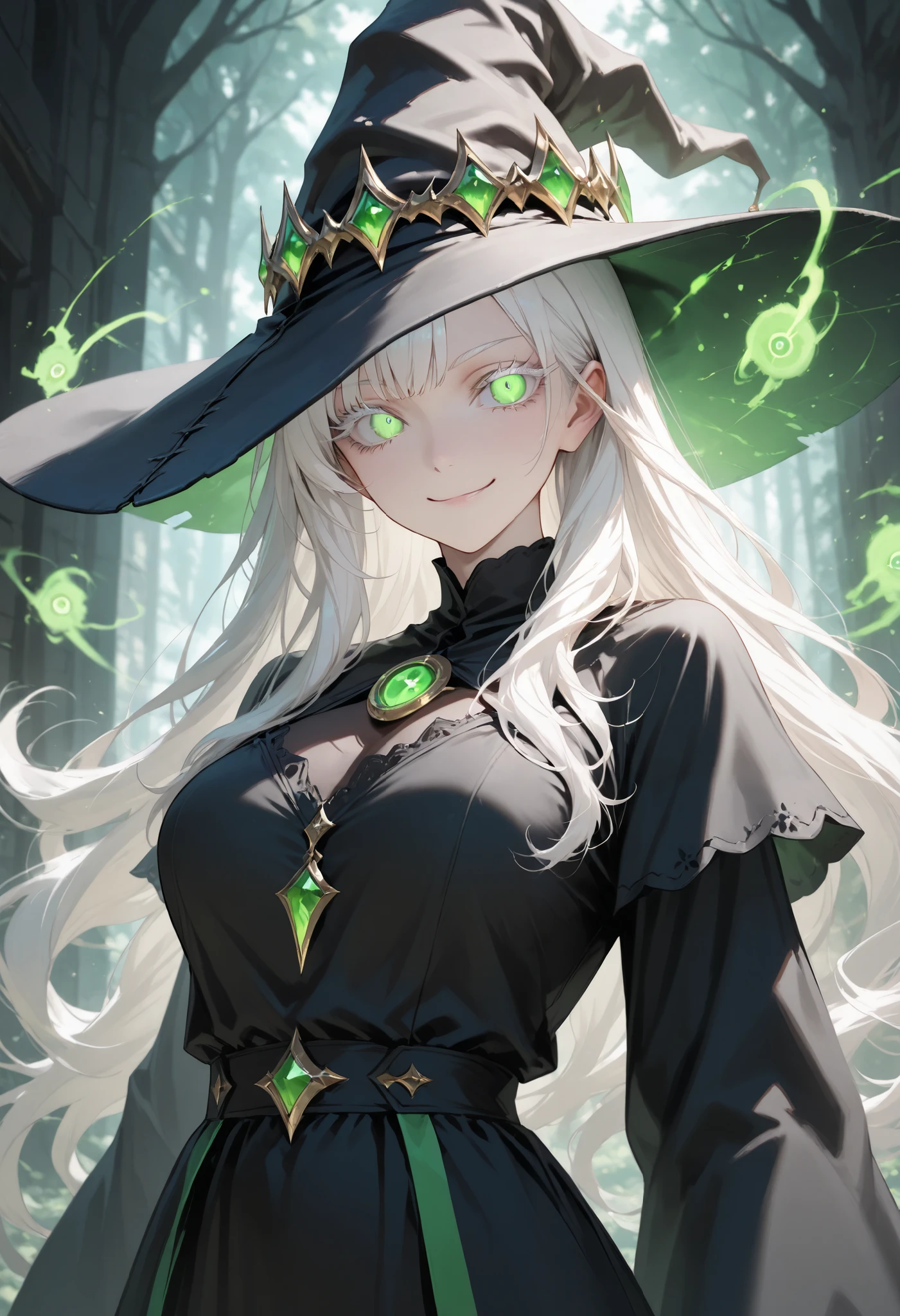 Beautiful, solo, long hair, white hair, white eyelashes, green eyes, sharp eyes, black shirt, black dress, witch, black pointed hat, magic eyes, smile facial
