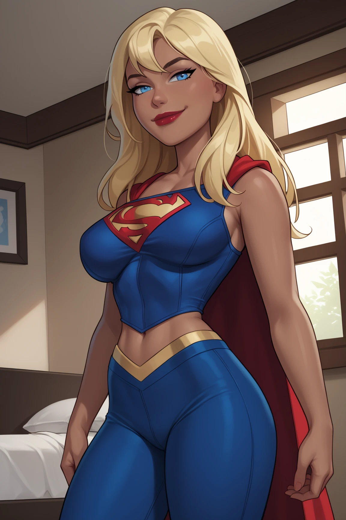 nsfw: 1.5, masterpiece, best quality, high quality, high definition, high quality textures, high quality shadows, high definition, beautiful detail, highly detailed CG, detailed textures, realistic representation of faces, realistic, colorful, delicate , cinematic lights, side lights, lens flares, ray tracing, sharp focus, supergirl, ((best quality, masterpiece, absurd, 8k)), 1 girl, solo, 21 years old,Supergirl(Helen Slater), huge breasts, huge breasts, long hair down to her hips, long hair,low hair, voluminous hair, white skin tone, green eyes, sparkling expressive eyes, gigantic breasts, she is supergirl, Supergirl , japanese sailor female Supergirl, costume female school,stocking 7/8 ,superman suit, seductive smile, building terrace, daytime, pretty, young woman, hands behind) (1girl, __focus__:1.3), (intricate details, makeup , PureErosFace_V1:0.5), (delicate beautiful face with details, Delicate eyes beautiful in details, perfect face proportions, dense skin, ideal proportion of four fingers and one thumb, arms under the chest, huge breasts, bodysuit,wide hips, flat upper abdomen , thin, dressed, blonde: 1.3), bed, no hands, perfect eyes, detailed eyes, show midriff, sexy, gigantic breasts, cowboy shot