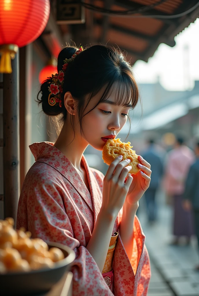 A woman in a blue kimono is eating fried food, sakimichan, classy yukata, yukata, Japanese style, in kimono, kawaii Japanese style, Japanese style, The aesthetics of travel in Japan, kimono, wear Kimono, shinsui ito, Japanese art style, Japan cute style, Kanagawa Style, Japanese Kimono, Japanese Style、Eating Tendon。15 year old Japanese girl。