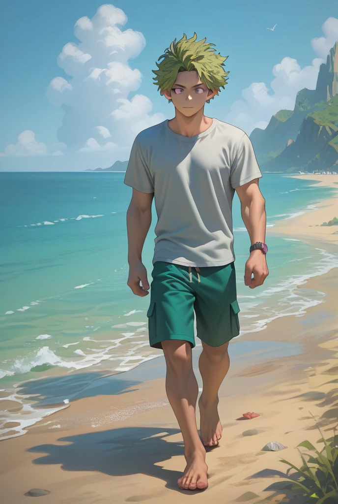 jon, a young guy in his 30s with asymmetric very short brown hair, green eyes with brown specs, a flat nose, smooth skin, slim athletic body, ((full body, walking down the beach, nude upper body, green swim trunks)), holding a drink