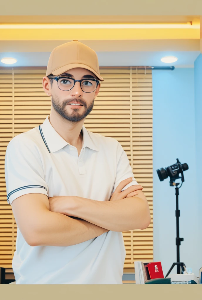 Give me a picture of a five-foot-tall man with a big belly, curly black hair wearing glasses, a middle-aged man in a box shirt with black pants and black shoes standing next to a television video camera.