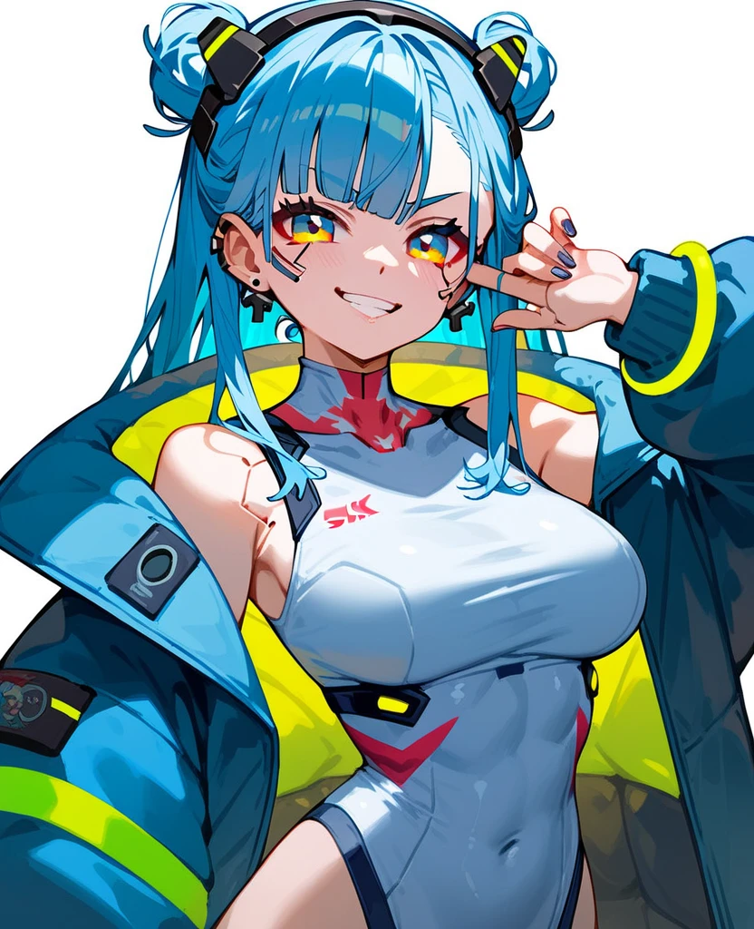 Lucy Kushinada of Cyberpunk Edgerunners, wearing David Martinez's yellow jacket. Wearing kimono clotheswith pastel rainbow colors. Her hair is long and straight, with a long strand in rainbow pastel glow. Blue eyes with lilac, mixed, curvy body, big . Facing gaze, fixed on the front, smile on the face and flower brooch in the hair