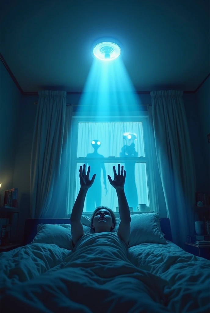 Camera footage of a gray alien kidnapping a sleeping child in a room, Realistic, night vision