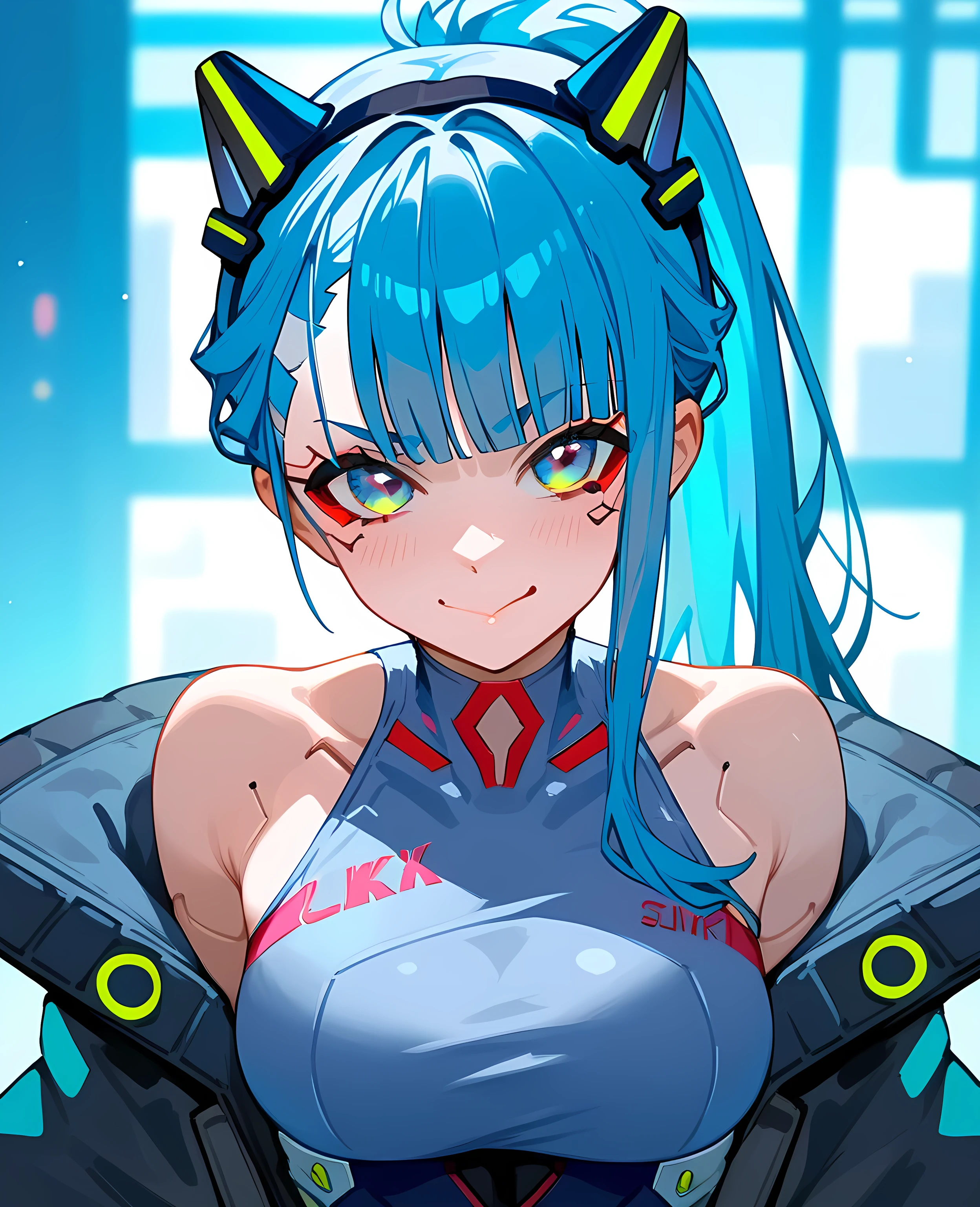 (best quality:1.2), (Sexy Ayanami Rei),, red eyes,short hair,blue hair,bangs,interface headset,hair between eyes,pixelated background,neon lights,sci-fi color scheme,vivid colors,metallic texture,detailed shading,holographic interface,dark atmosphere,high contrast,sharp focus,wisps of hair,reflective surface,exquisite details,high-res,studio lighting,red accents,illuminated surroundings,artificial intelligence assistant, ((NSFW)), ((cowboy shot)).