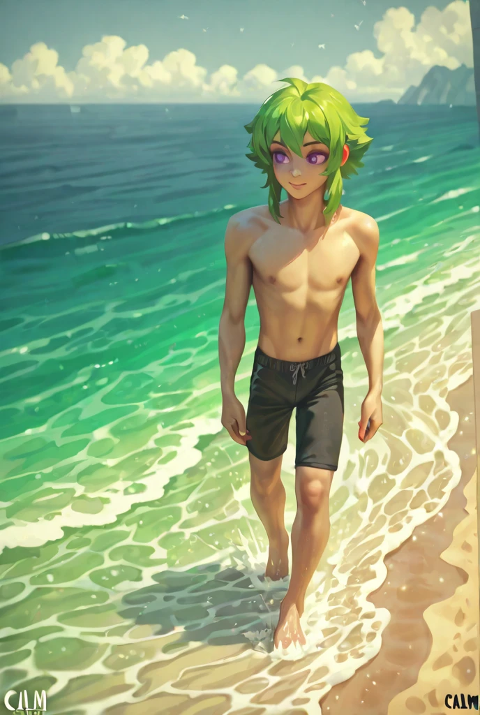 A young man, 21-years-old, solo, green skin, mature face, wild spiky undercut brown hair, orange eyes, daring smile, mouth open, no shirt, shirtless, swimming trunks, thin silver necklace, beach, walking, lying down an a big nenuphar leaf, floating on water