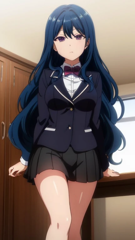 nozaki yuu,anime, girl１people,closed mouth, blue hair, very long hair, wavy hair, purple eyes, blazer,black socks,looking at the viewer, in the center of the image,Show up to your knees,１in people,
highest quality, High resolution, beautiful eyes, highly detailed face, Detailed CG, 
