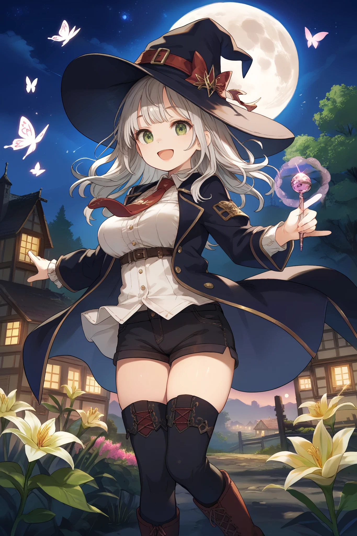 best quality, integrated scenery, integrated background, extremely delicate and beautiful, meticulous details, good composition, , cute face, perfect face, perfect hands,masterpiece, best quality, witch hat, black gloves, thighhighs, looking at viewer, smile, night, trees, black_cats, crows, moon ,large_breasts,dark_night_town_sky_landscape cutout, smile ,light_open_mouth, old_town,happy,ung__girl,full_of_beans,very_long_blond_hair,(very_long_swept_bangs:1.1), asymmetrical_bangs ,glower,rise_knee,short_shorts,short_boots,happy, floating_posing,rise_arms,large_flower_ornaments,red_tie,front_closed_black_military_formal_jacket,large_loose_belts,chest_pockets, Sagging_eyes,lily,dark_green_eyes, glitter_magic_effect,solo,1magic_wand, grip_magic_wand,(peak_Forehead:0.7),floating, Butterfly_pattern_lining