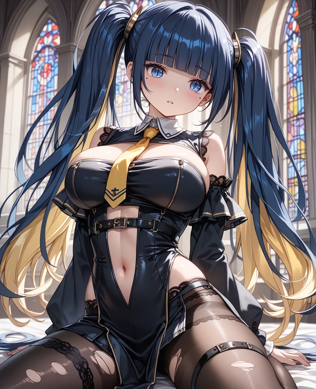 1girl,solo, black hair ,long hair, bangs, long hair. (((((blindfold))))), (((((chain leash, animal collar, animal collar connected chain leash, spiked collar, long and holding chain leash))))), (((full on all fours, hands on the ground, crawling))), full face blush, sexual ecstasy smile, happy, rape face, fucked silly, vulgarity, ahoge, two legs, both legs, perfect legs, gleaming skin, oil skin, shiny skin, bangs, (((tongue out, long tongue, :q, open mouth, stick out tongue))), full body, sweat skin, seductive smile, open legs, dare body, in heat, perfect proportion, dare legs, extremely long shot, full body, head to toe, wide shot, perfect foots, medium breasts, hair band, , masterpiece, best quality, smile, earrings, (((blue jacket on shoulders, black school uniform))), white shirt, collared shirt, striped, blue necktie, white gloves, (((white skirt))), blue headwear, blue peaked cap, knee boots, cross-laced footwear, blue peaked cap, covered shirt, covered collarbone, closed shirt, white gloves, clothed, both arms, two arms,