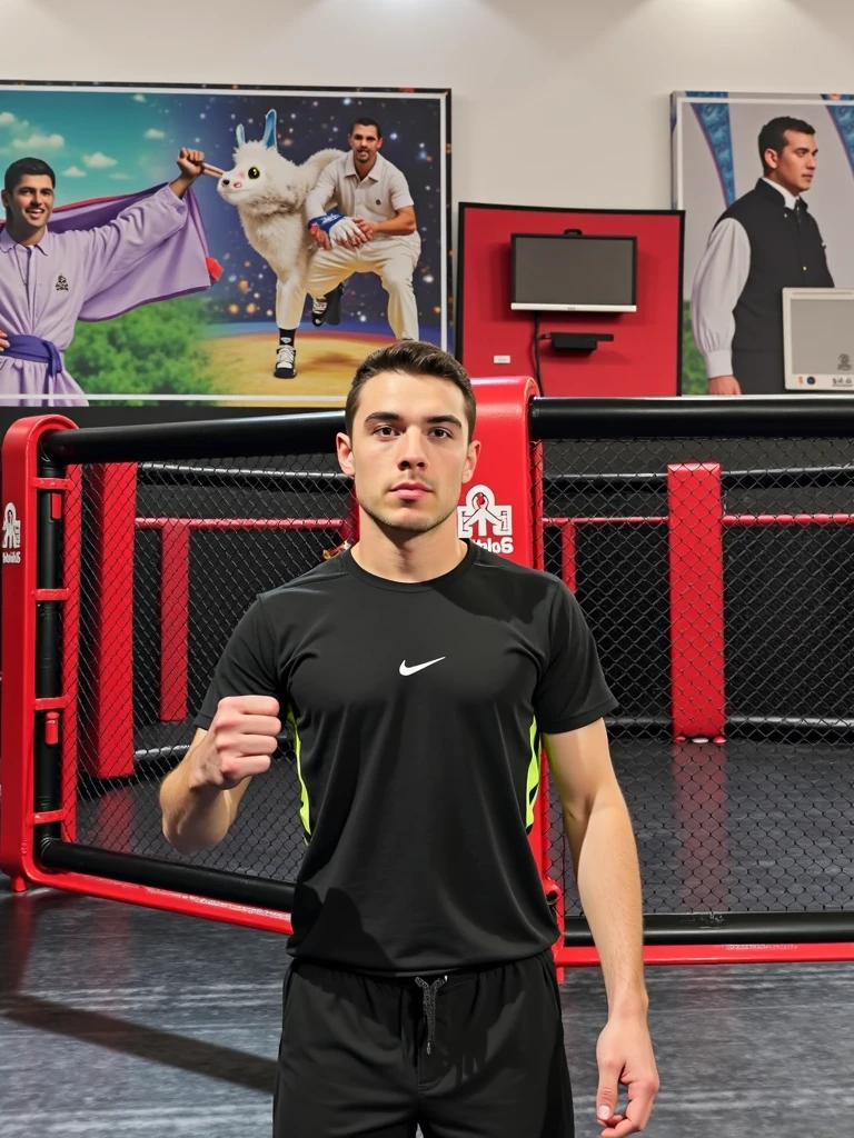 (A man goes to the gym),(fighting stance,mixed martial arts, left handed posture),(Get in a fighting stance,mixed martial arts)