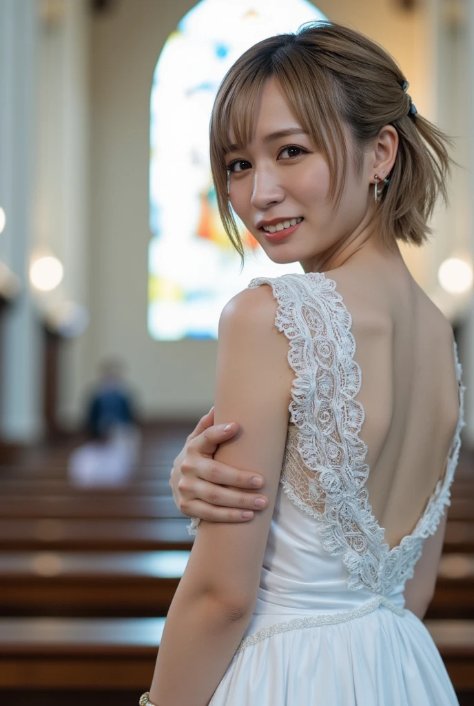 selfie of a naked beautiful young woman, bride in church, Shot on iPhone camera