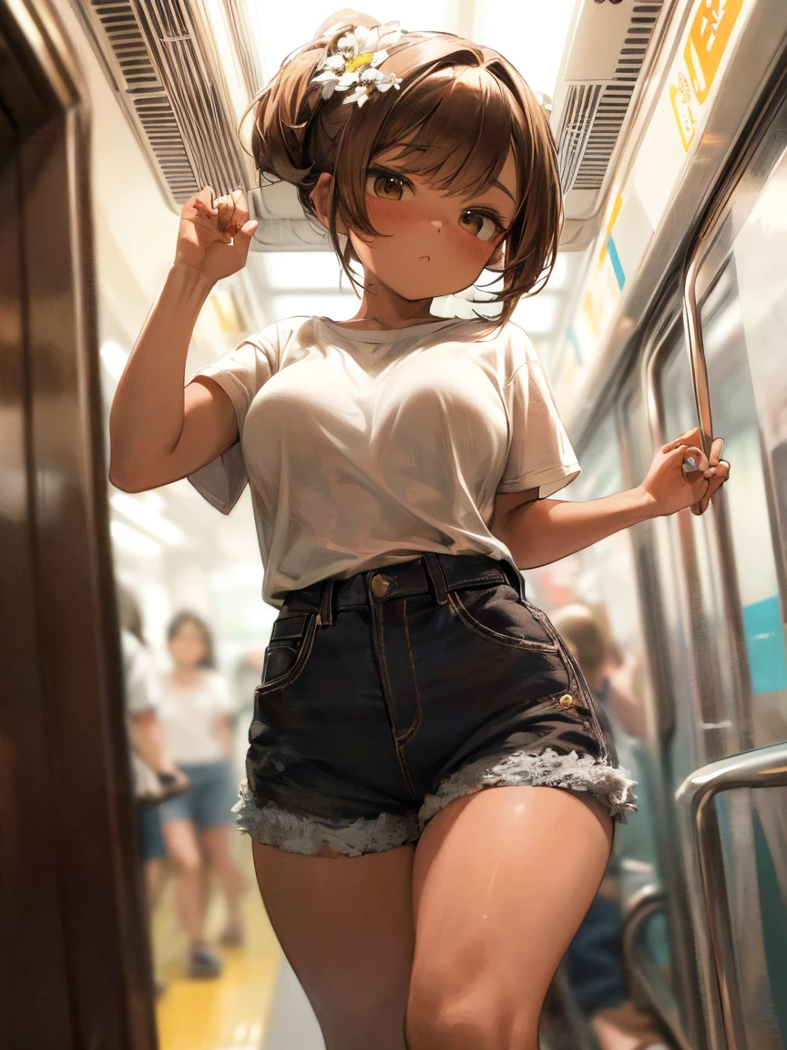 ((masterpiece,Highest quality:1.3,best quality illustration)),(realistic),cowboy shot,独奏,1woman,25 year old beauty,brown hair,ponytail hair,long hair,bangs,brown eyes,(gorgeous big eyes),crying,tears,((very small head:1.3)),((very long body:1.2,skinny)),((tan skin:1.4)),medium breasts,Black leather double rider jacket、White tube top shirt、navel,vagina,sweat:1.3,peeing,vaginal penis,gleaming skin,slender body,Public toilets、subway、New York City、nsfw,