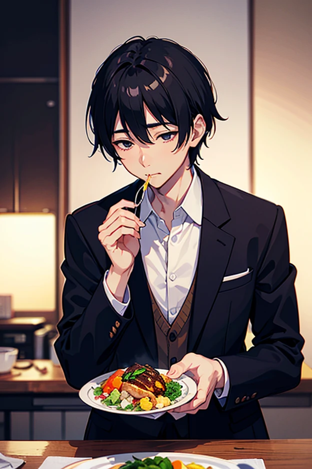 (25-year-old male:1.5) and (Black short hair) and (blue eyes)
(black:1.3) and (T-Shirts)(looking away:1.5),upper body、head rest,
shiny skin, masterpiece、Highest quality、Side shot
(The background is the dining room at night:1.5)、smile,(alone:1.5)