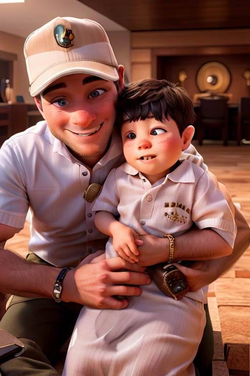 A Disney Pixar-Inspired movie poster with title “(Janiel)”.“(brown boy with cropped hair blue clothes with brown eyes) the scene must be in Pixar's distinctive digital art style, focusing on the characters' expressions, vibrant colors and detailed textures that are
