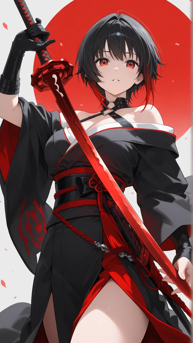 a 20 yo woman,long,Black-red mesh hair,poneyTail,Red string,sharp eye,glares,Beautie,ssmile,Vanity fair,Kunoichi,White and black attire,ninjartist,Cherry blossom decorative costume,Sleeveless,Exposed skin a lot,Light equipment,Red lotus tattoo,head band(reddish),Tempered body,Delicately drawn realistic illustrations,frontage,fight,Kodachi,dual-wielding,fly about,The weapon is Kodachi,Full body close-up,