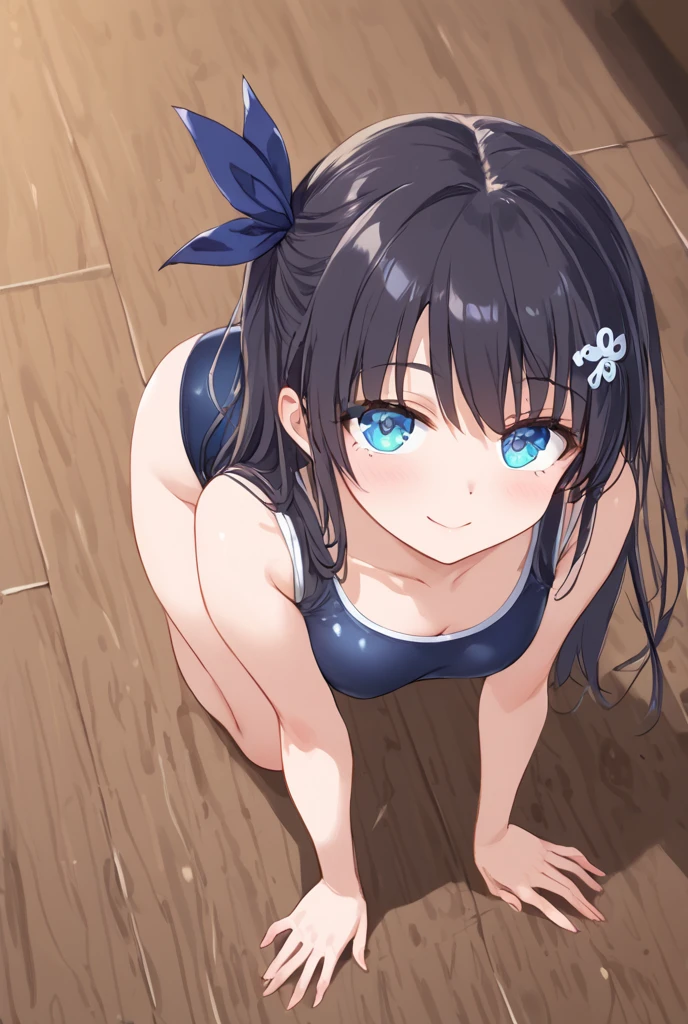 masterpiece,highest quality,wonderful,finely,High resolution,1 girl, big breasts, (dark skin:1.3), (Light blue striped micro bikini:1.4), black hair, Glasses, green eyes,twin tails,(get down on all fours),(black stockings), (from below)
