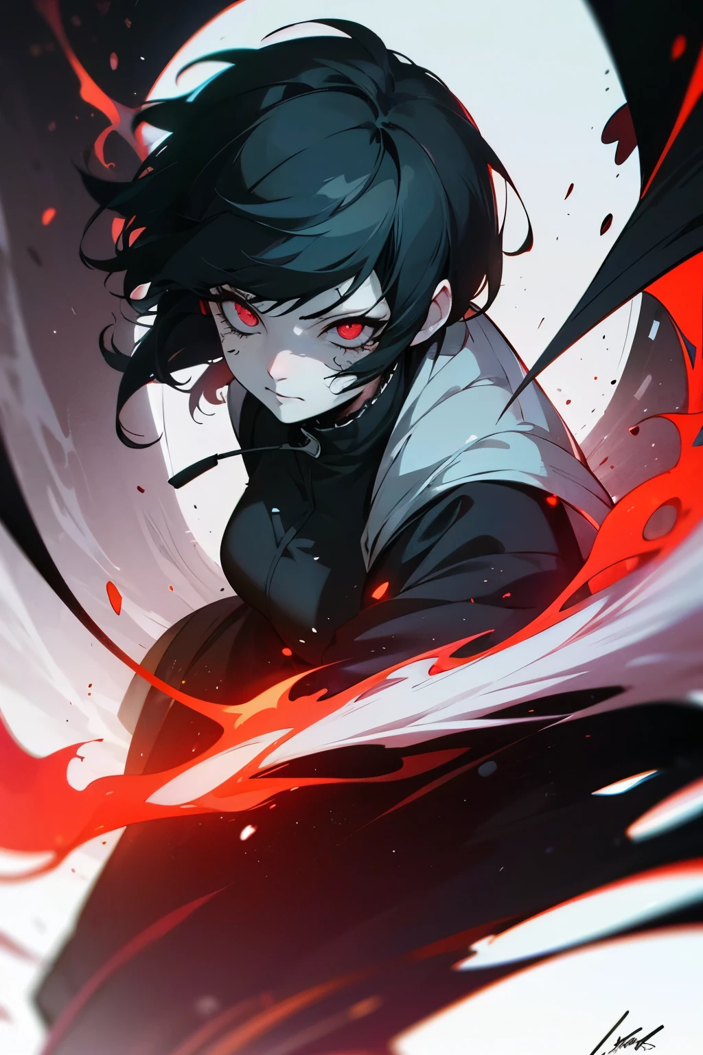 A manga-style illustration in black and white, drawn in the signature style of Sui Ishida (Tokyo Ghoul). The image features an anime girl with glowing red irises and black sclera, creating an intense and otherworldly gaze. Her black hair is slightly messy, with strands falling over her face, enhancing her mysterious and eerie aura. Her expression conveys a mix of melancholy and strength. The artwork is highly detailed, using strong contrasts, expressive inking, and dynamic shading techniques typical of Tokyo Ghoul.