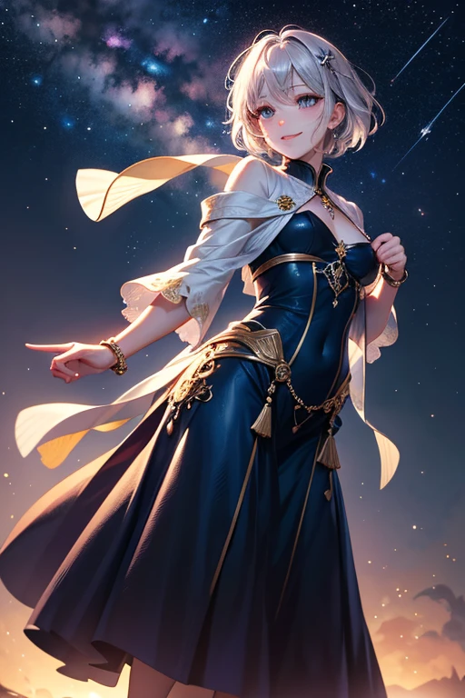 (8K, Best quality, A masterpice:1.4), (アニメ, illutst, comics:1.6), Ultra-detailded, babes,a Pretty, 独奏,Beautiful detail night sky, (a smile:1.3),(Chest circumference small:1.4), Beautiful detailed eyes, (shirt with collar:1.1), Floating hair, (Short stature:1.5), Chibichara, tarot, fortune-telling, astrology, cana, illusion, winc, Reach out