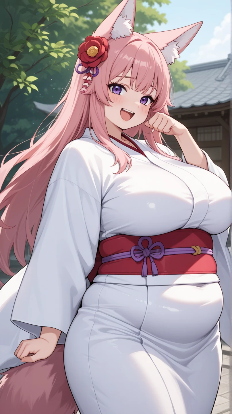 1 girl, 19 years old, Long pink hair, green eyes with slit pupils, master-piece, best quality, (standing up), (pink hakama trousers), (white long-sleeve kimono top, pink hakama trousers, cleavage), (Big , ultra gigantic , Super super big, Glamorous body), Make eye contact with the camera, front figure, looking forward, (light_Smile:1.5), (Detailed hands and fingers:1.2) (feudal Japan), (FULL BODYSHOT), thighs thighs thighs thighs