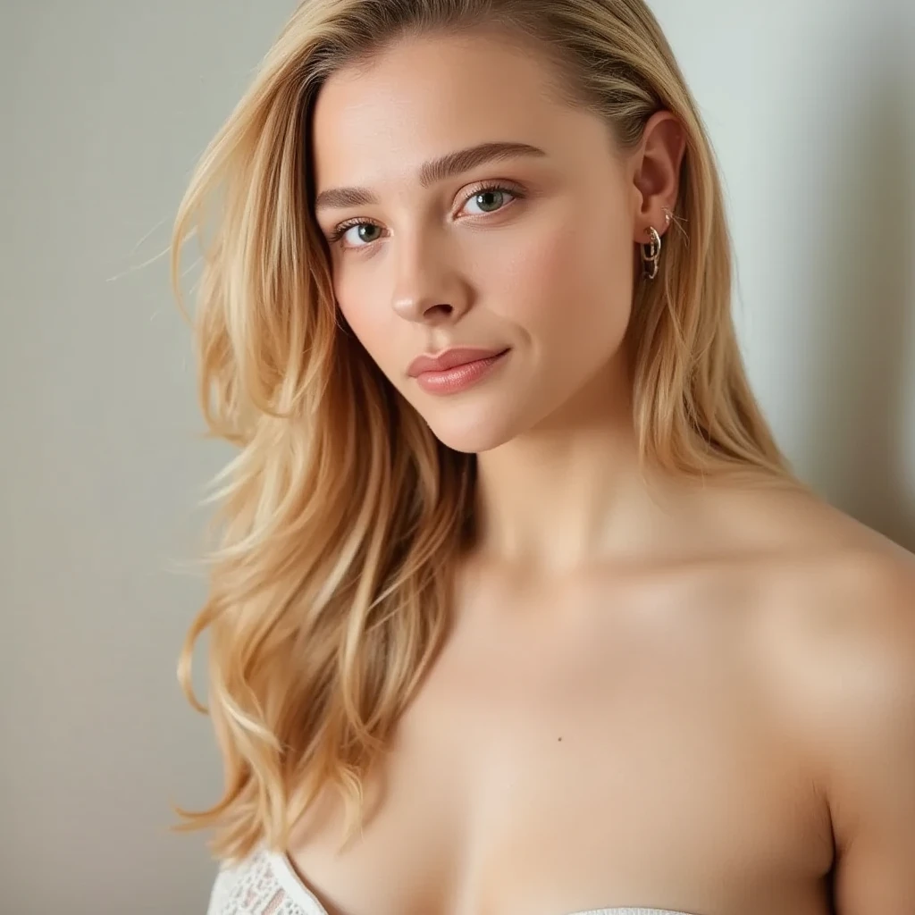 1. A realistically depicted 18-year-old girl with long, luscious blond hair, a mid-sized bust, and a captivating gaze directly at the viewer. She is bare-shouldered, with a delicate necklace adorning her naked shoulders. fit cleavage, Her brown eyes sparkle with charm, framed by seductive lashes, and she sports a hint of blush on her full cheeks. Her lips are full and slightly parted, inviting flirtatious smiles. Her nose is perfectly defined, and her realistic, detailed features are on full display in a pullover and short jeans, with her blonde hair cascading down her back in soft waves.