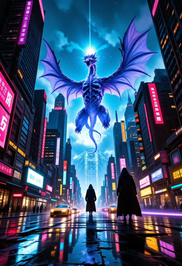 In a holographic arena, YuGiUh players call their monsters to do battle, one player strikes a dramatic pose as he calls out a Blue Eyes White Dragon! cyberpunk Tokyo, wildly over dramatic