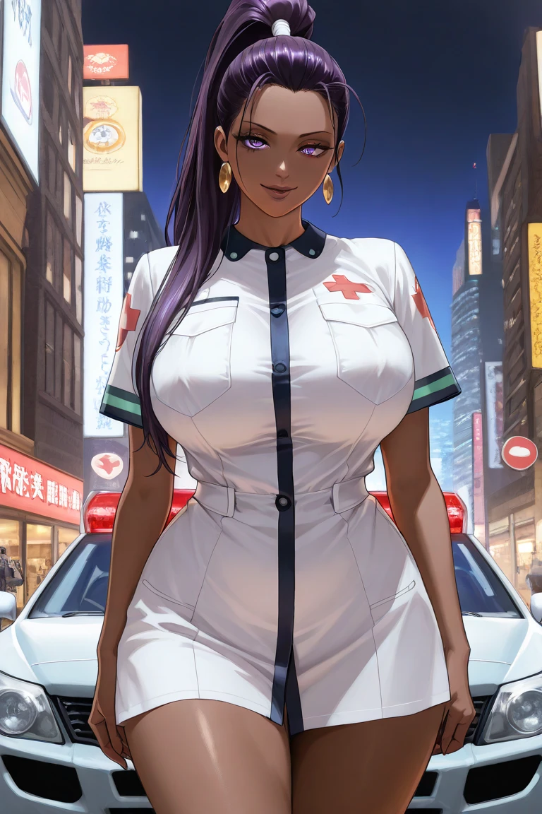(Cowboy shot:1.5) 1 Same Girl , Perfect Beautiful , mature Face , ((korean woman)), Korean 18 Years Old , ((extra long Hair)) , ((white nurse outfit)), ((nurse cap:1.4)),Athletic Body , ((gigantic breasts:1.6)) Extreme Detailed Portrait With Bokeh Effect , Realistic Lighting ,(long latex dress)Night Street View , Dark Vibe , (petite body:1.4) hospital , Gothic Makeup , Posing Like a Model , Look at Viewer, ((puffy lips:1.3)), cool lighting, blue street lamp light((sunset ambiance light:0.8))