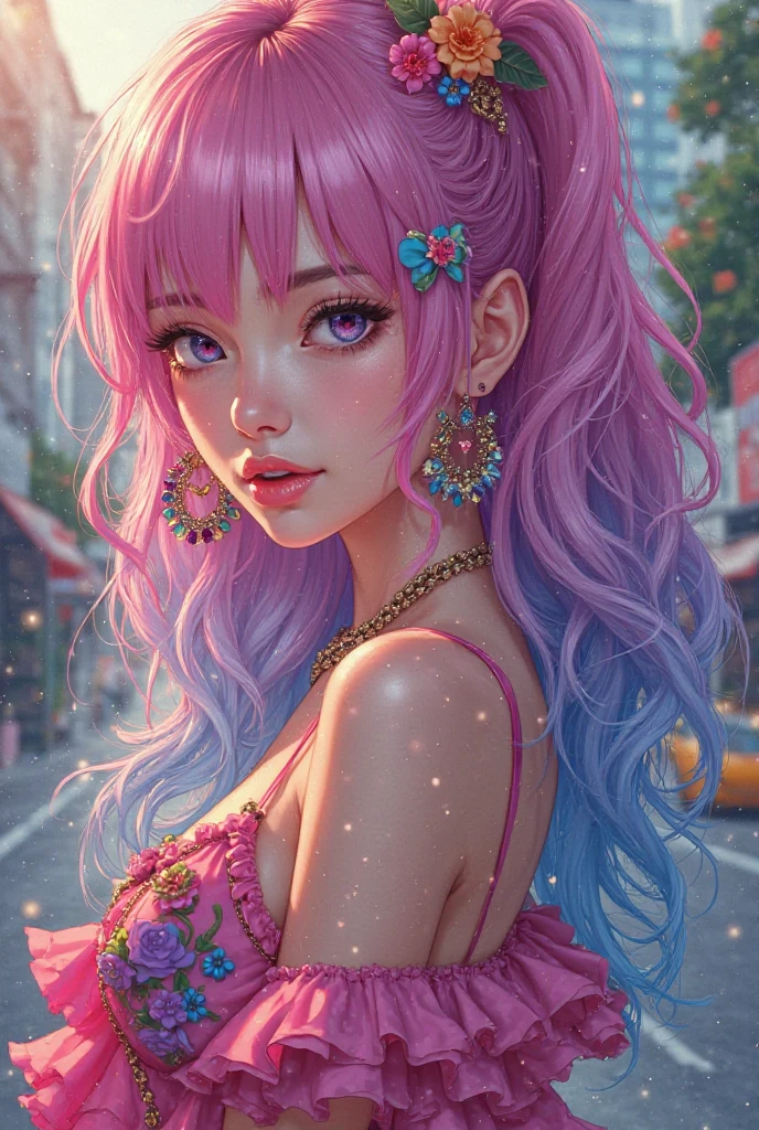 a woman in boheme chic outfit adorned with flowers, vibrant colors, anime-inspired, soft pastels, brush strokes, ethereal, digital painting, beautiful and intricate patterns, delicate curls, rainbows, playful, stylish, high contrast, striking shadows, fantastical elements, modern twist, retro vibes, lively and energetic, surrealistic elements, kaleidoscopic patterns, dreamlike atmosphere, whimsical, effervescent, contemporary flair, eye-catching details, magical ambiance, lively, youthful, pop-art influences, immersive depth. --auto --s2