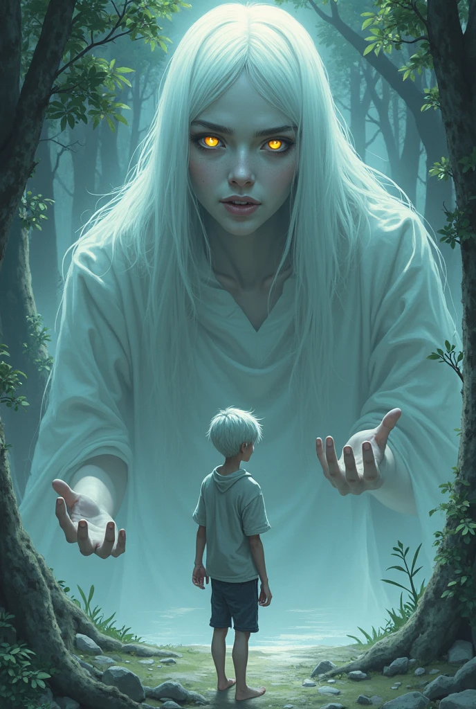 Man with fine features, twelve years old, with a beautiful, long silky silver hair, and shining golden eyes, with a god of death behind him.